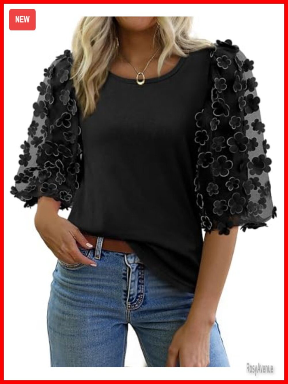 Women's Cotton Blend 3/4 Puff Sleeve Crew Neck T-Shirt with Floral Appliques